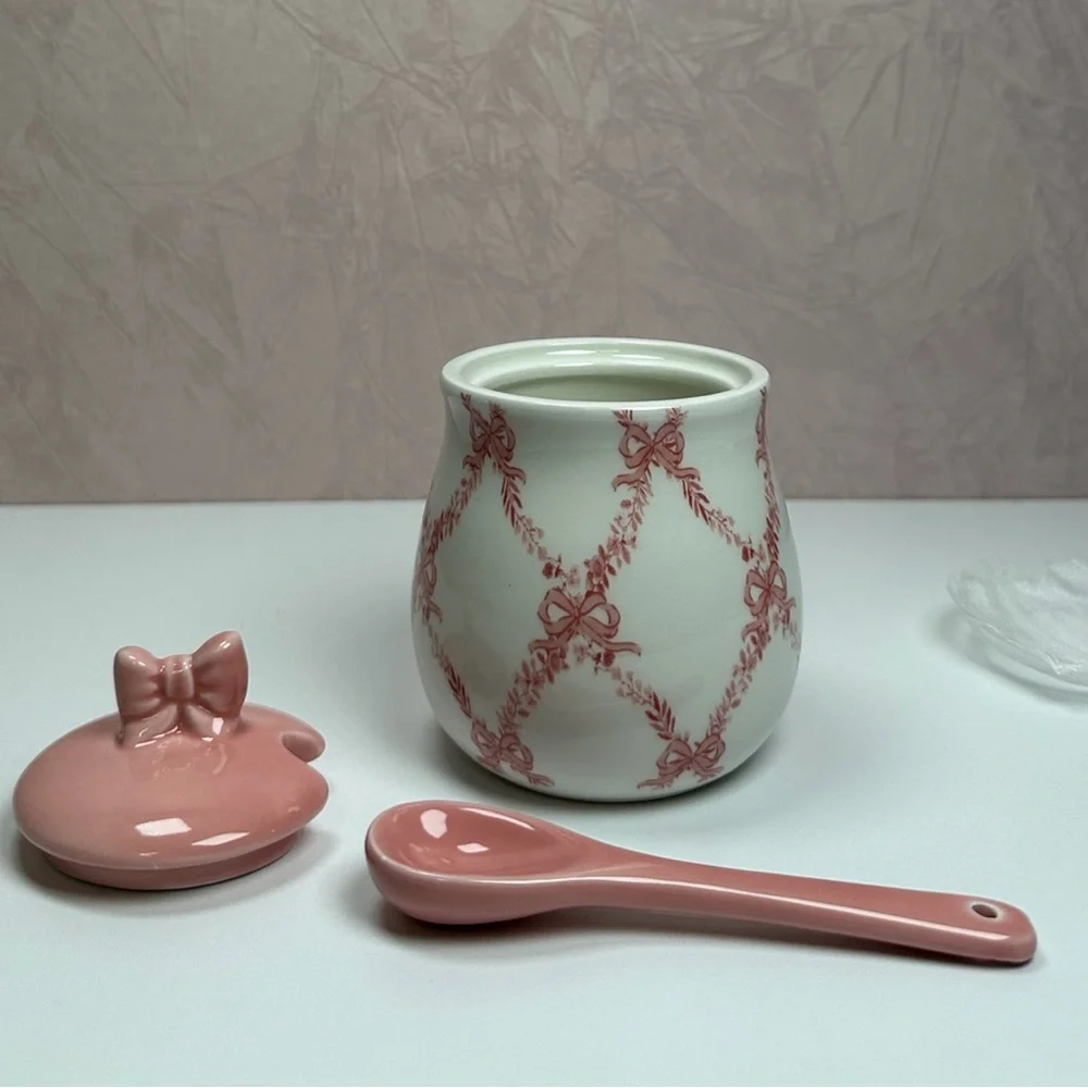 Elegant Pink and White Ceramic Sugar Bowl with Bow Accents